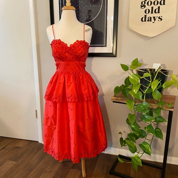 Vintage Dresses & Skirts - Vintage Joy Stevens Collection Tangerine Red Cocktail Dress with Floral Accents